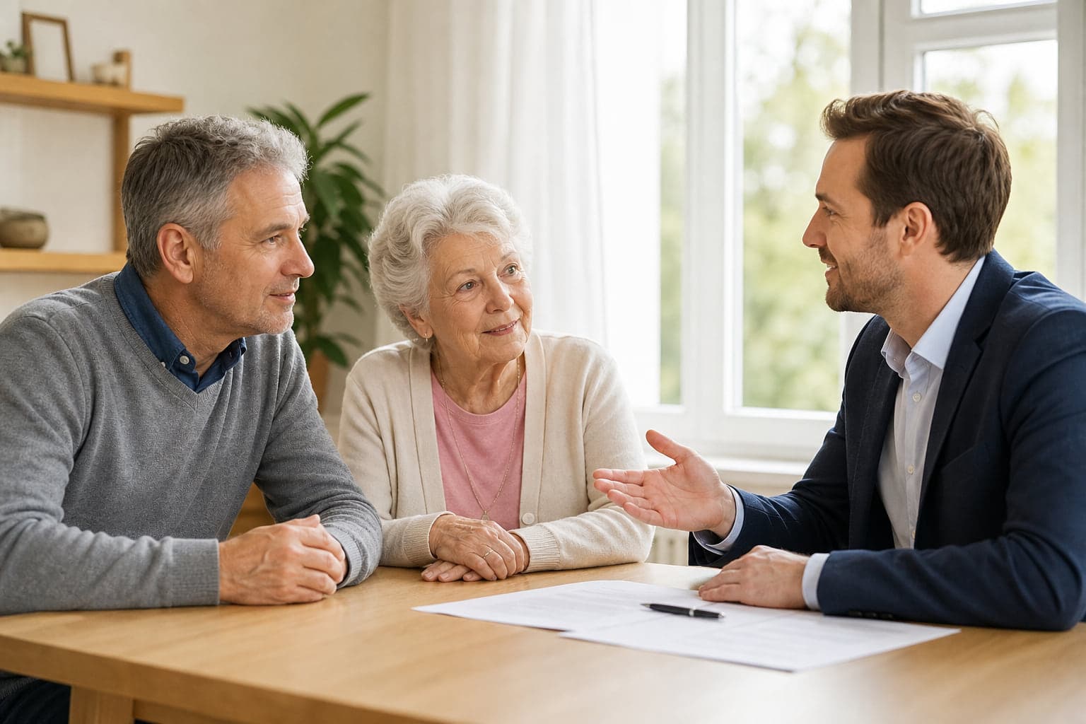 Ein Sohn, seine Mutter und ein Berater sitzen gemeinsam am Wohnzimmertisch