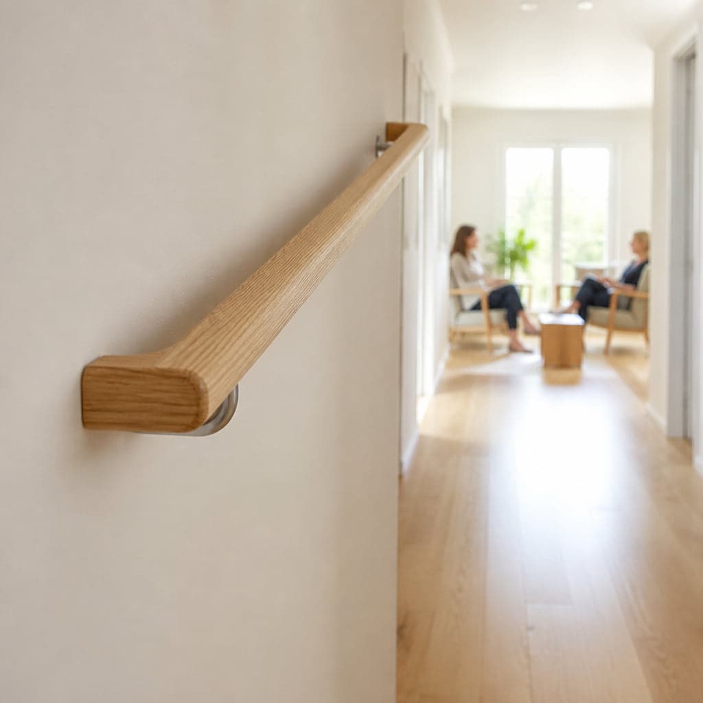 Ein neuer Handlauf an der Wand eines hellen Wohnungsflurs