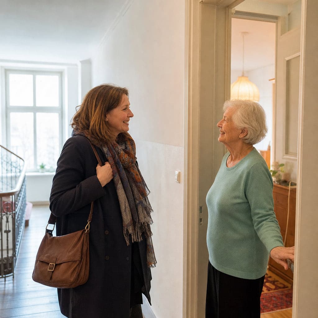 Eine Beraterin wird an der Wohnungstür begrüßt