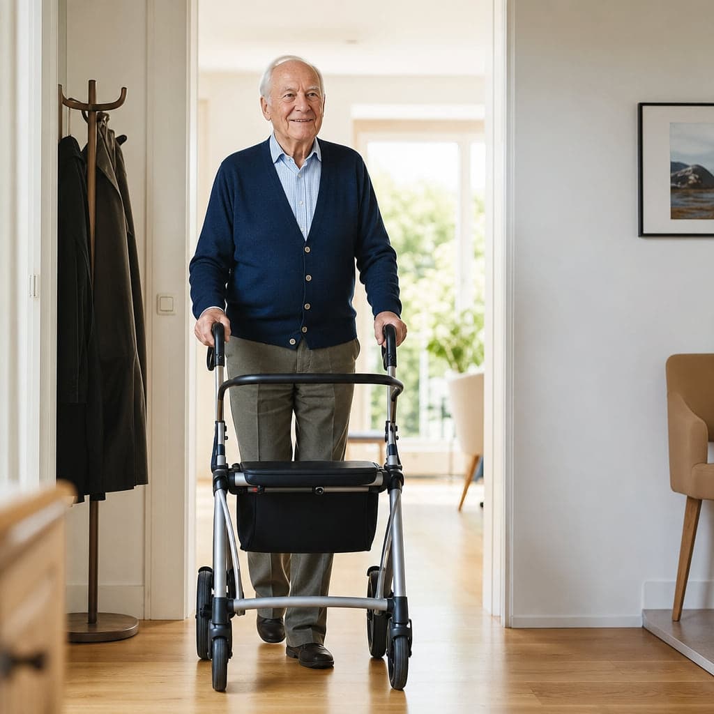 Ein älterer Herr geht mit seinem Rollator durch den hellen Flur seiner Wohnung